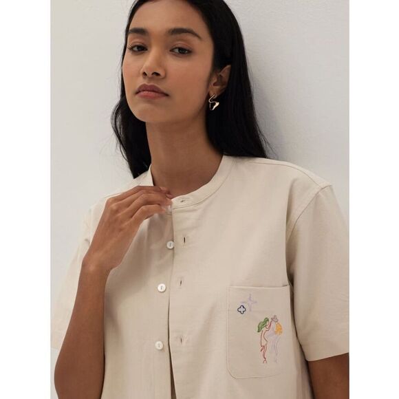Love Bonito Tops - NWT Love Bonito Scout Unisex Embroidered Mandarin Collar Shirt Humble Abode XS